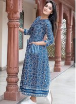 Ruritanian Muslin Blue Printed Designer Gown