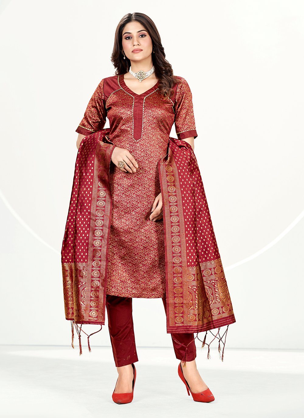 Rust Color Pathani Suit In Cotton Fabric