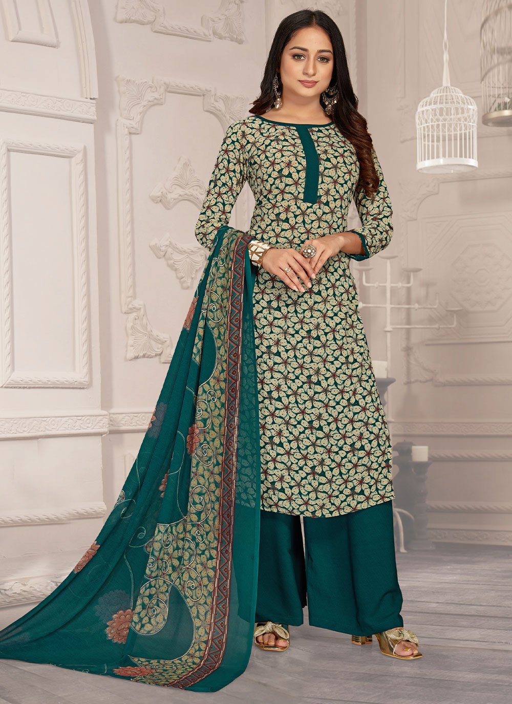 Salwar Suit Floral Print Faux Crepe in Multi Colour -