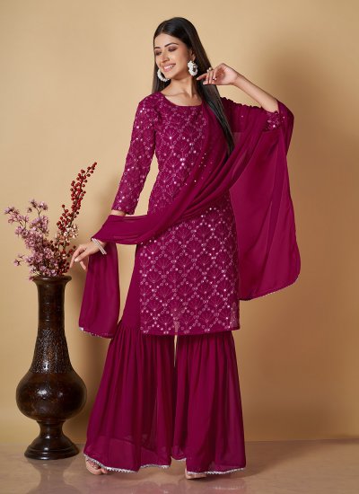 Salwar Suit Sequins Georgette in Hot Pink