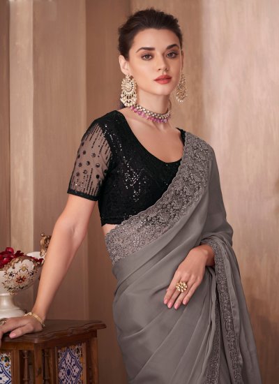Saree Embroidered Silk in Grey