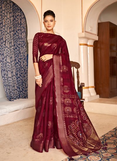 Saree Printed Poly Cotton in Maroon