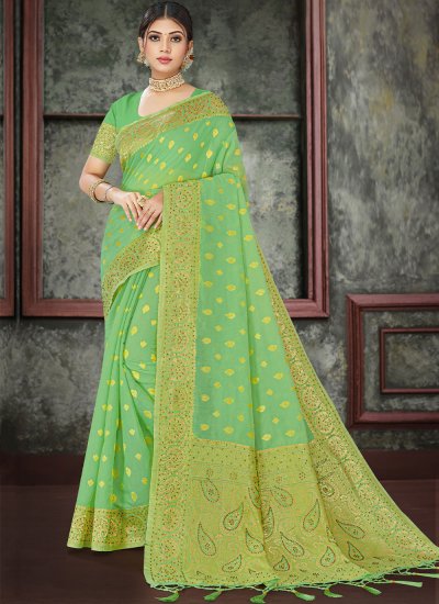 Saree Swarovski Cotton in Green