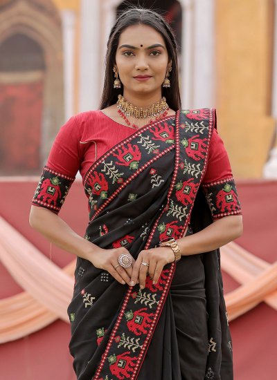 Saree Thread Work Vichitra Silk in Black