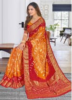 Saree Zari Art Silk in Orange and Red