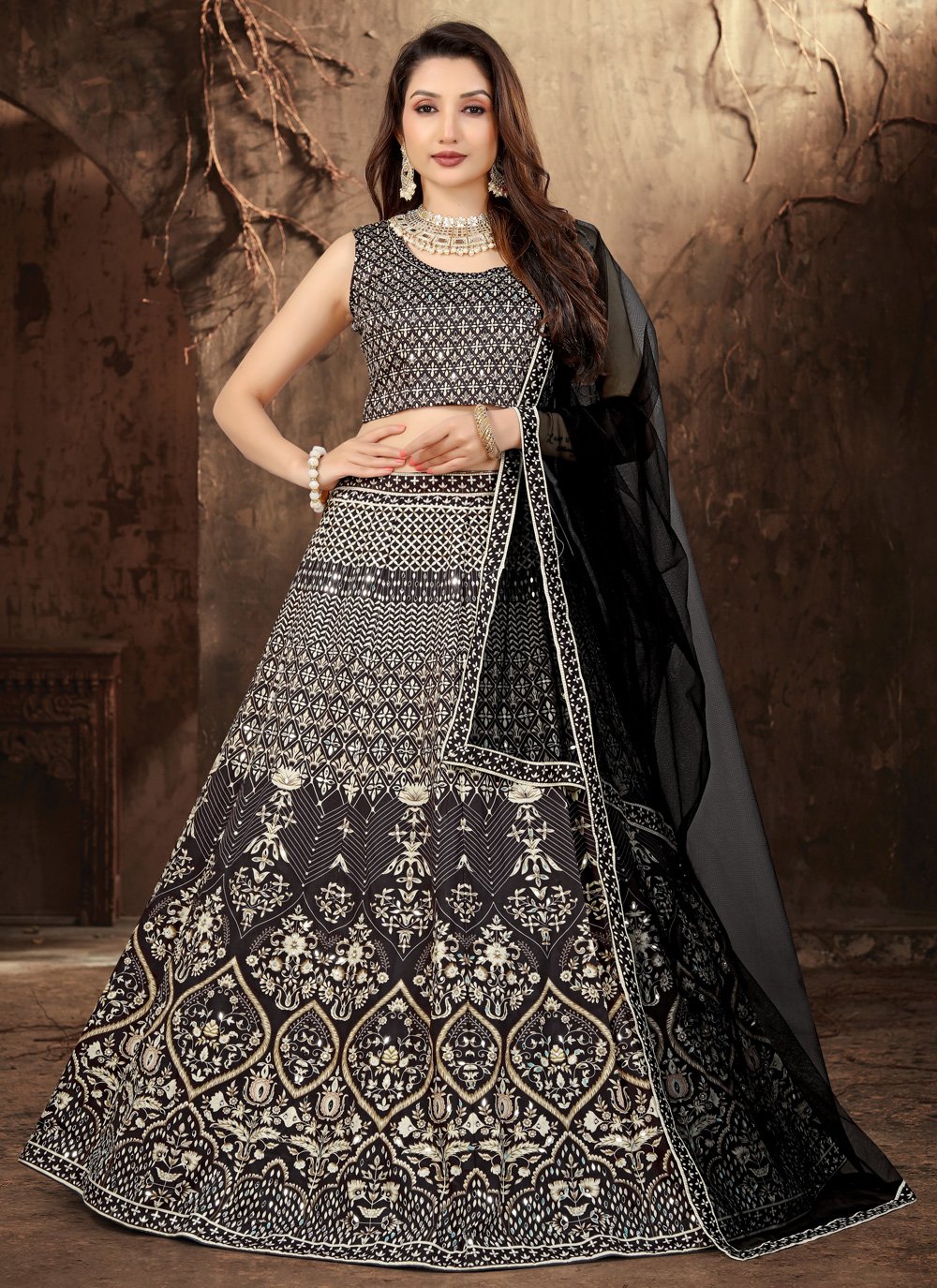 A Line Lehenga Choli In Black Color