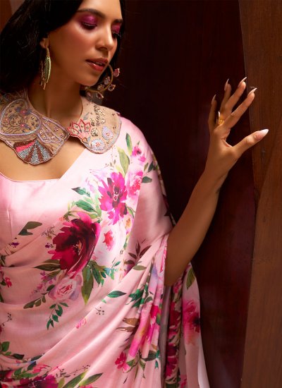 Satin Floral Print Trendy Saree in Pink