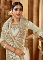 Satin Off White Embroidered Trendy Saree