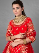 Satin Sequins A Line Lehenga Choli in Red