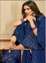 Satin Silk Blue Stone Work Designer Saree