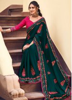 Satin Silk Embroidered Classic Saree in Teal