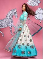 Satin Silk Fancy A Line Lehenga Choli in Off White and Turquoise