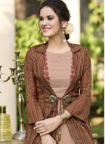 Satin Silk Print Designer Gown in Brown
