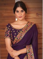 Satin Silk Purple Embroidered Designer Traditional Saree