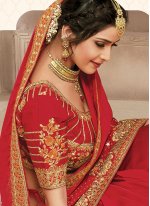 Satin Silk Red Embroidered Classic Designer Saree