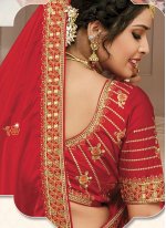 Satin Silk Red Embroidered Classic Designer Saree