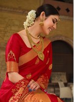 Satin Silk Weaving Trendy Saree in Red