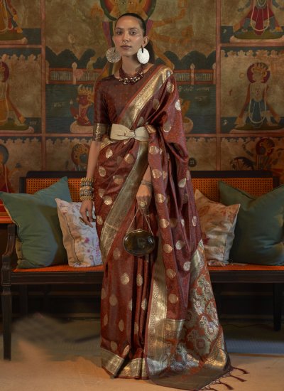 Satin Weaving Classic Saree in Brown