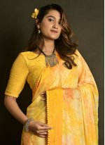 Satin Yellow Printed Contemporary Saree