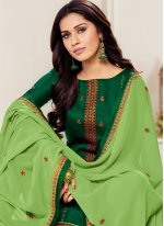 Savory Cotton Silk Embroidered Green Churidar Suit