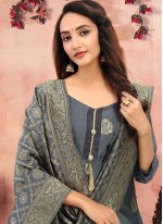 Savory Grey Banarasi Silk Churidar Designer Suit