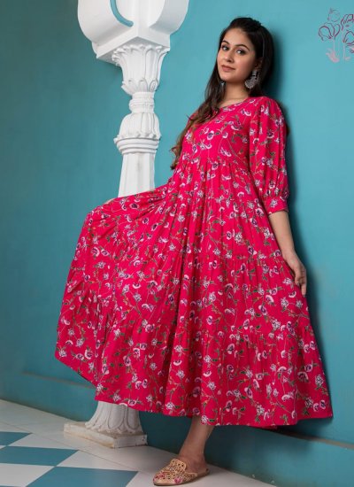 Savory Magenta and Pink Floral Print Cotton Readymade Gown