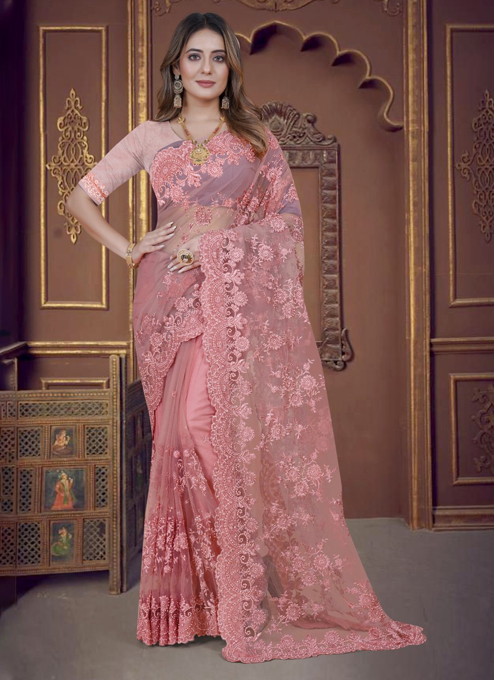 Grey Baby Pink Designer Traditional 3d Dyeing Satin Saree Embroidered Heavy  Blouse Work - 5311