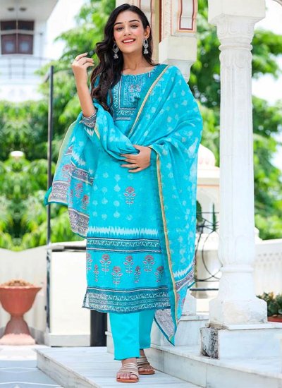 Savory Printed Aqua Blue Chanderi Straight Salwar Suit