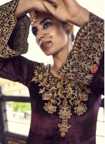Savory Wine Embroidered Velvet Trendy Salwar Suit