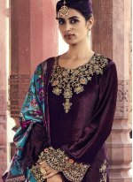 Savory Wine Embroidered Velvet Trendy Salwar Suit
