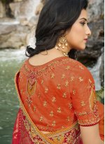 Scintillating Embroidered Banarasi Silk Orange and Red Designer Half N Half Saree