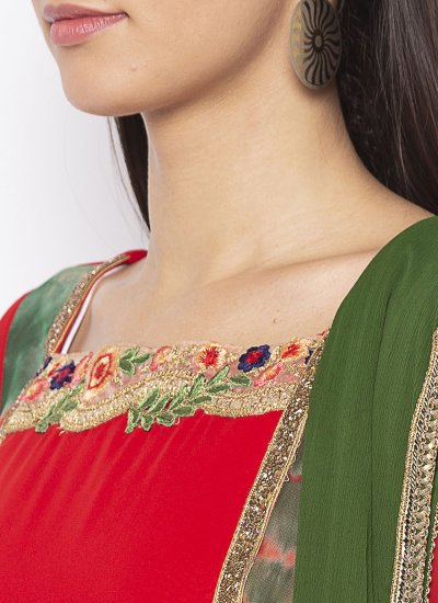 Scintillating Georgette Green and Red Embroidered Designer Palazzo Salwar Kameez