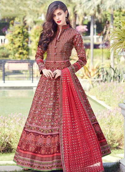 Scintillating Red Digital Print Readymade Suit