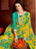 Sea Green and Yellow Casual Faux Georgette Printed Saree