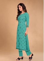 Sea Green Blended Cotton Floral Print Pant Style Suit