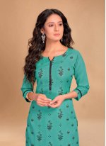 Sea Green Blended Cotton Floral Print Pant Style Suit