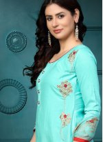 Sea Green Embroidered Churidar Suit