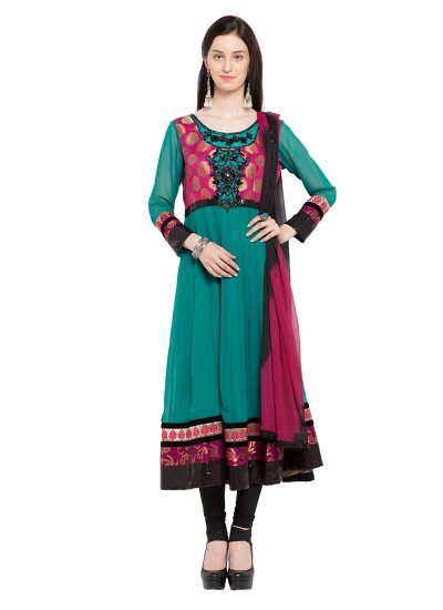 Sea Green Faux Georgette Embroidered Readymade Anarkali Salwar Suit