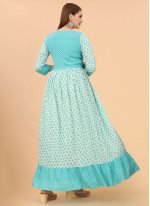 Sea Green Foil Print Party Readymade Gown