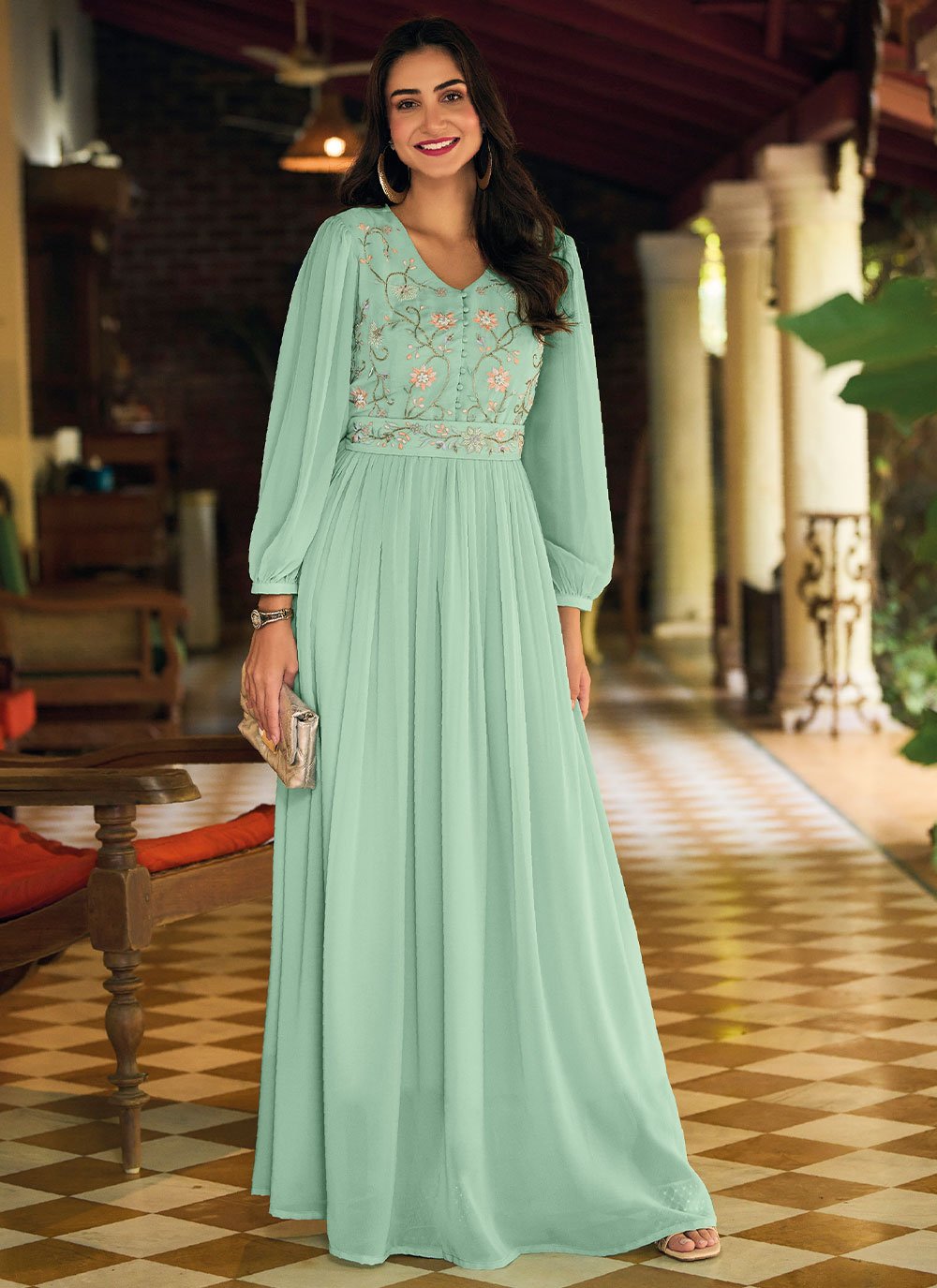 Sea Green Georgette Gown - Sea Green Georgette Gown -