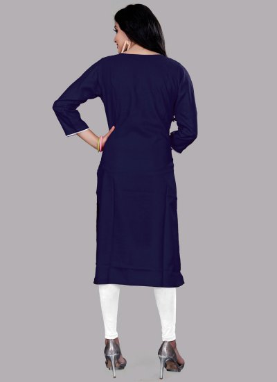 Sensational Embroidered Navy Blue Blended Cotton Party Wear Kurti