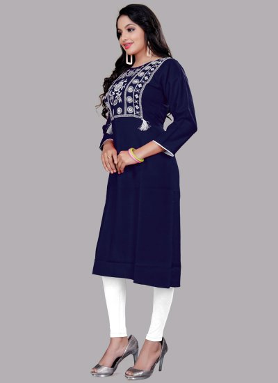 Sensational Embroidered Navy Blue Blended Cotton Party Wear Kurti