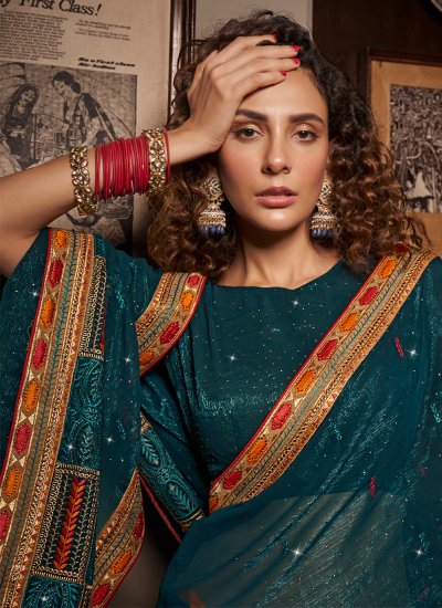 Sensible Embroidered Teal Contemporary Saree