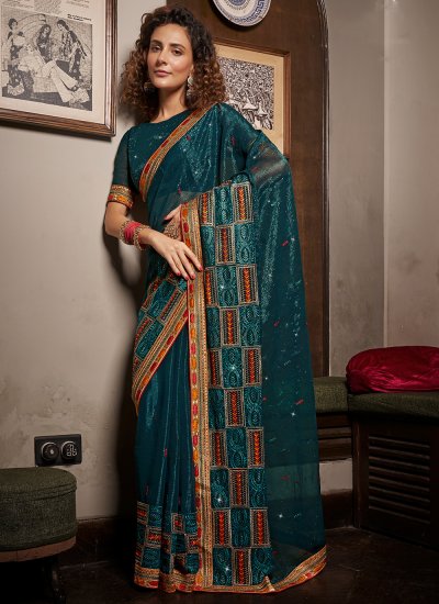 Sensible Embroidered Teal Contemporary Saree