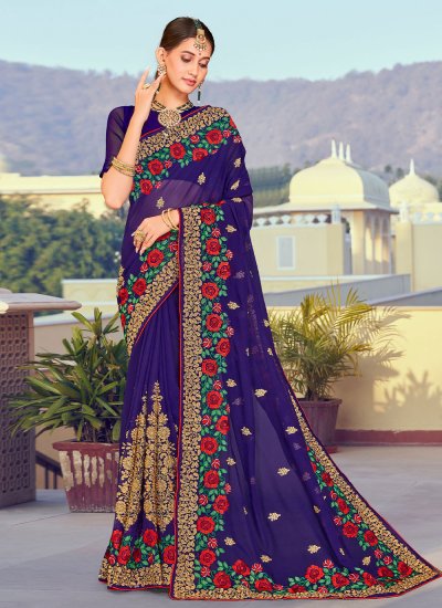 Sensible Georgette Navy Blue Embroidered Trendy Saree