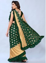 Sequins Faux Crepe Designer Ready Pleated Saree in Green