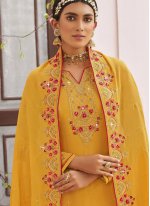 Sequins Georgette Designer Straight Salwar Suit in Mustard