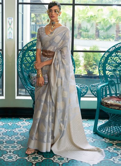 Sequins Lucknowi Traditional Saree in Grey