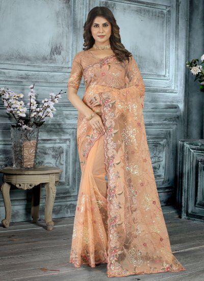Sequins Net Classic Saree in Orange