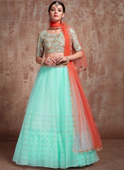 Sequins Net Trendy Lehenga Choli in Turquoise